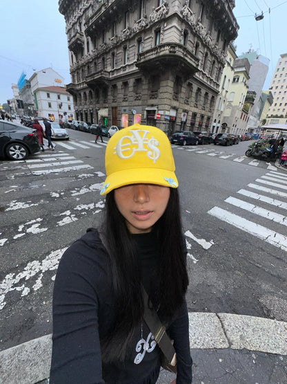 takeabreak Bright Yellow High Crown Heavy 3D Coin Embroidery Women&