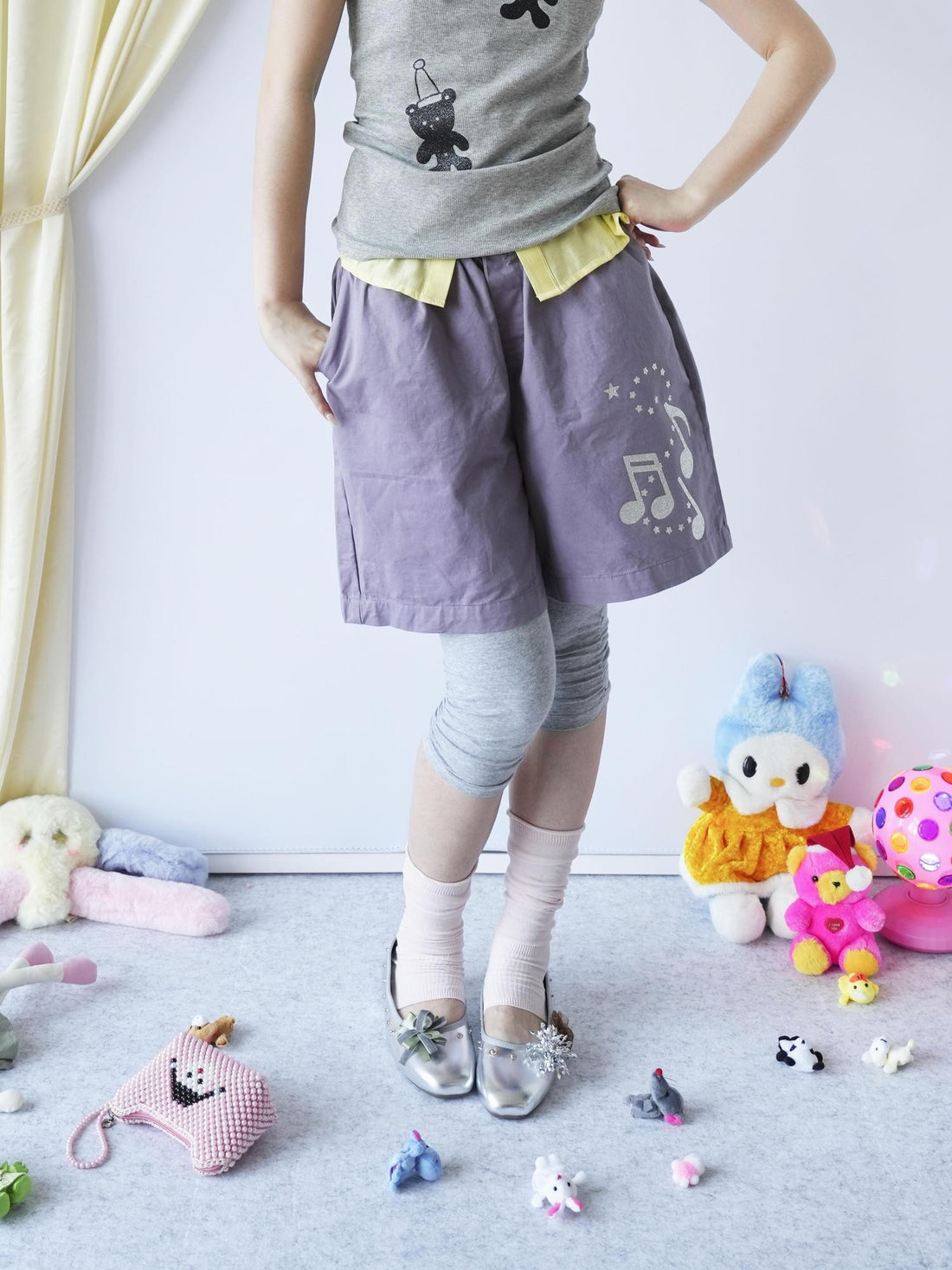 takeabreak Gray Purple Silver Glitter Note Star Print Elastic Women&