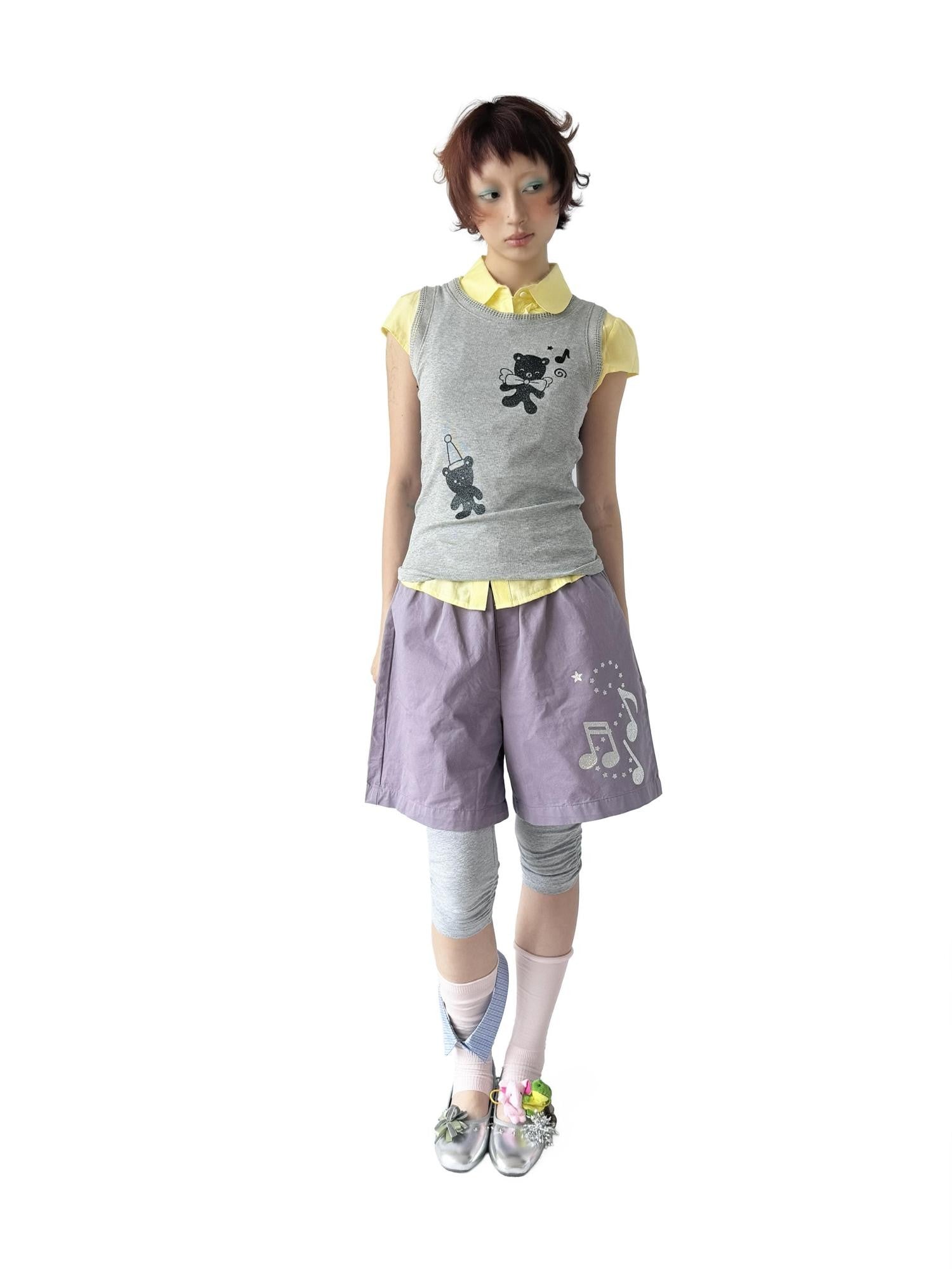 takeabreak Gray Purple Silver Glitter Note Star Print Elastic Women&
