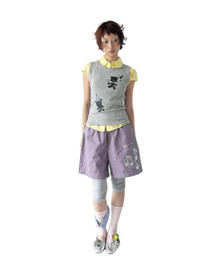 takeabreak Gray Purple Silver Glitter Note Star Print Elastic Women&