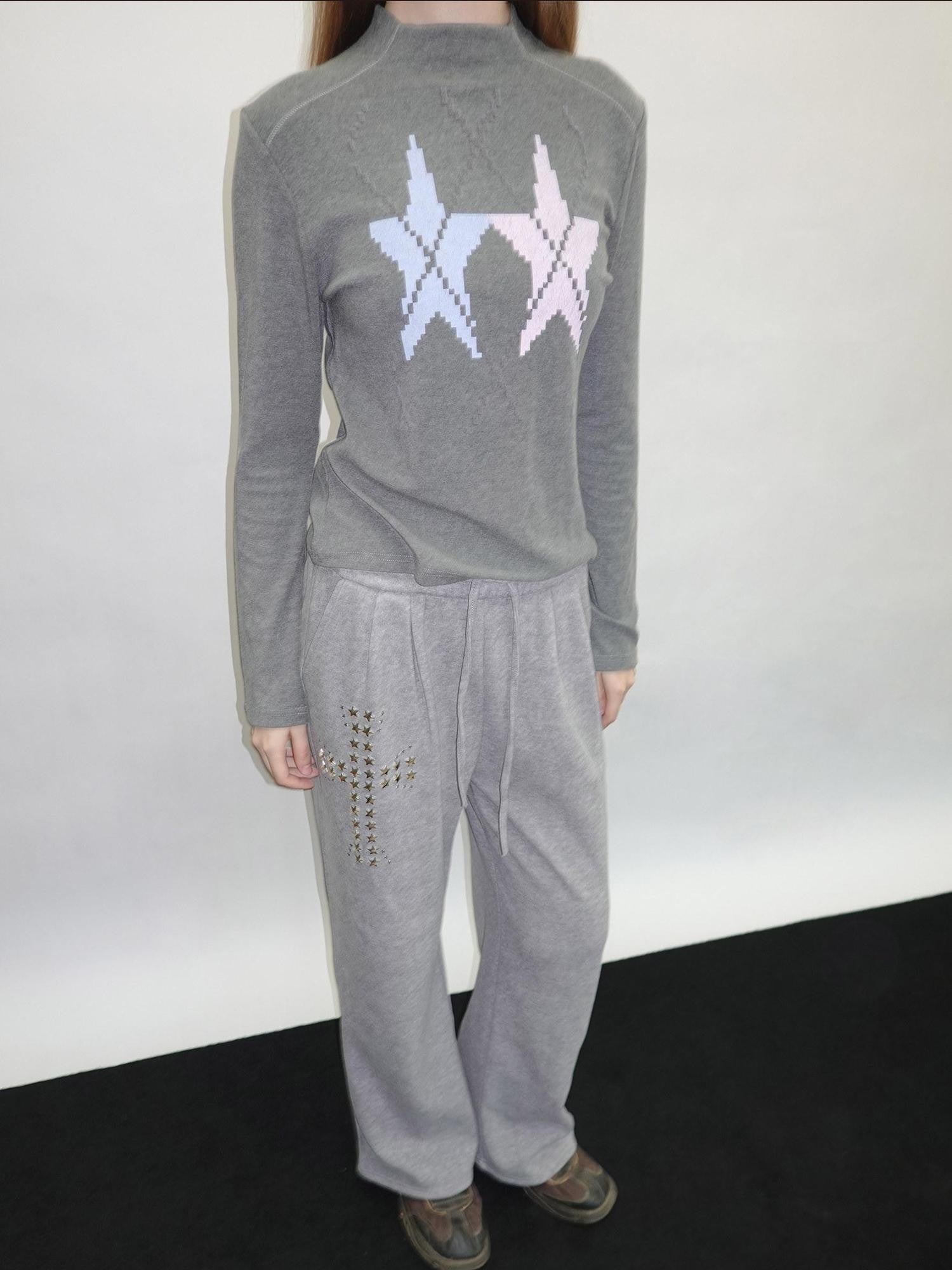 takeabreak Gray Star Print Knit Slim Mock Neck Women&