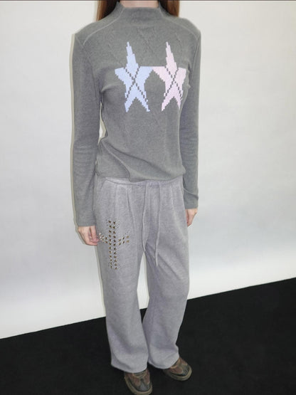 takeabreak Gray Star Print Knit Slim Mock Neck Women&