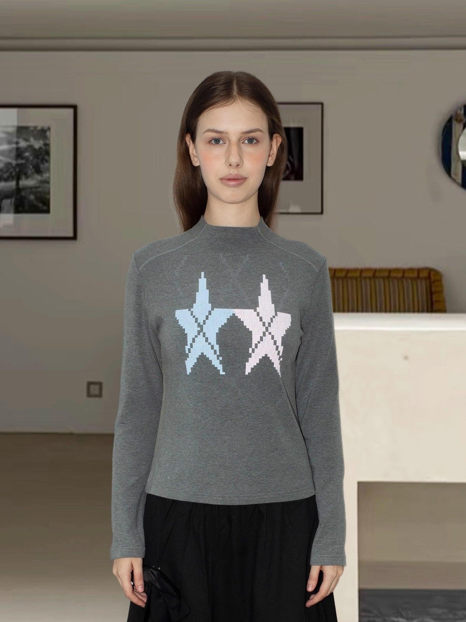 takeabreak Gray Star Print Knit Slim Mock Neck Women&