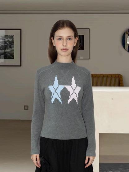 takeabreak Gray Star Print Knit Slim Mock Neck Women&