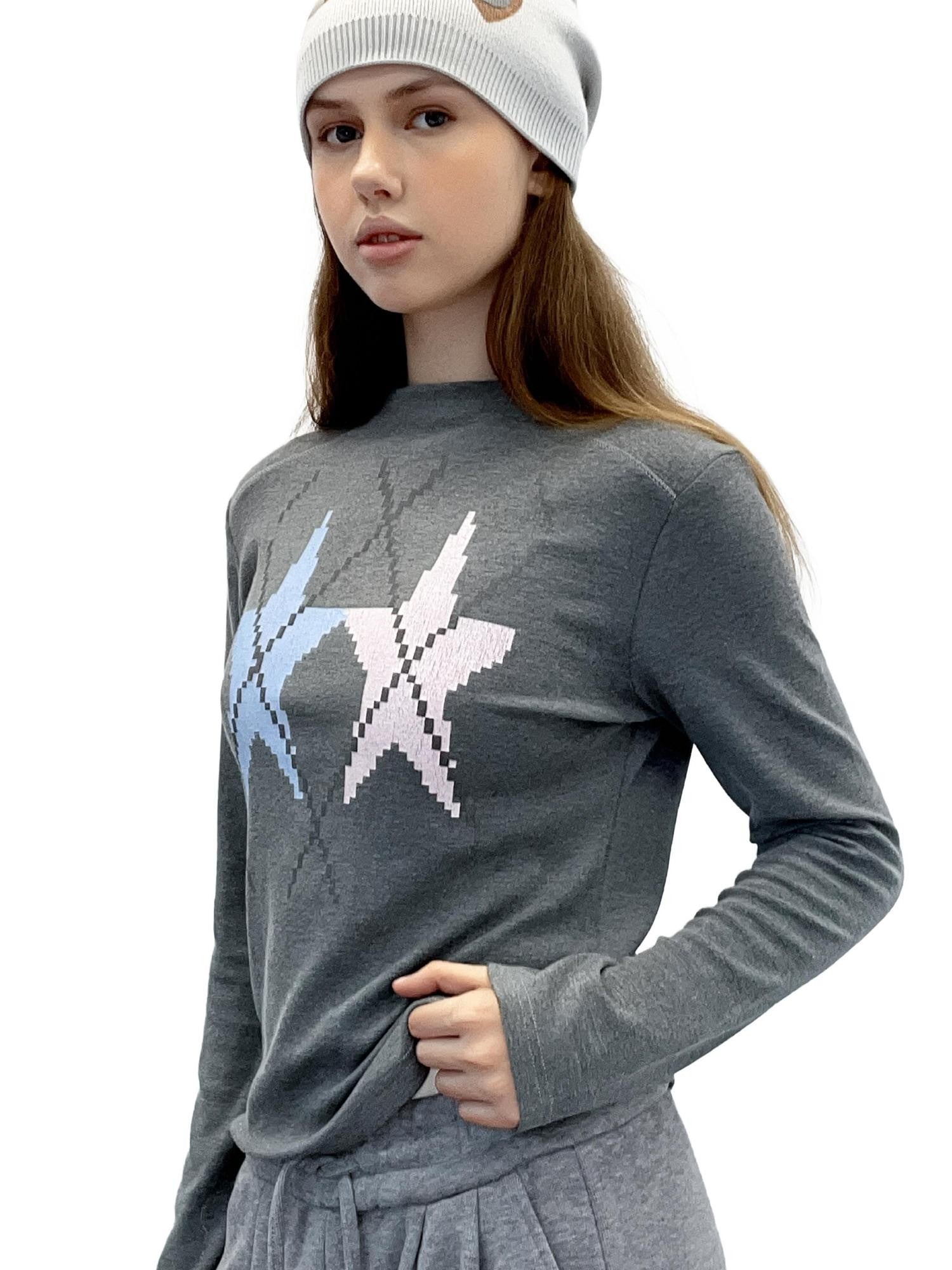 takeabreak Gray Star Print Knit Slim Mock Neck Women&