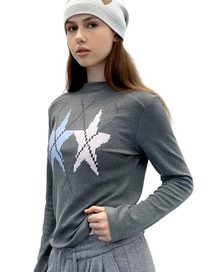 takeabreak Gray Star Print Knit Slim Mock Neck Women&