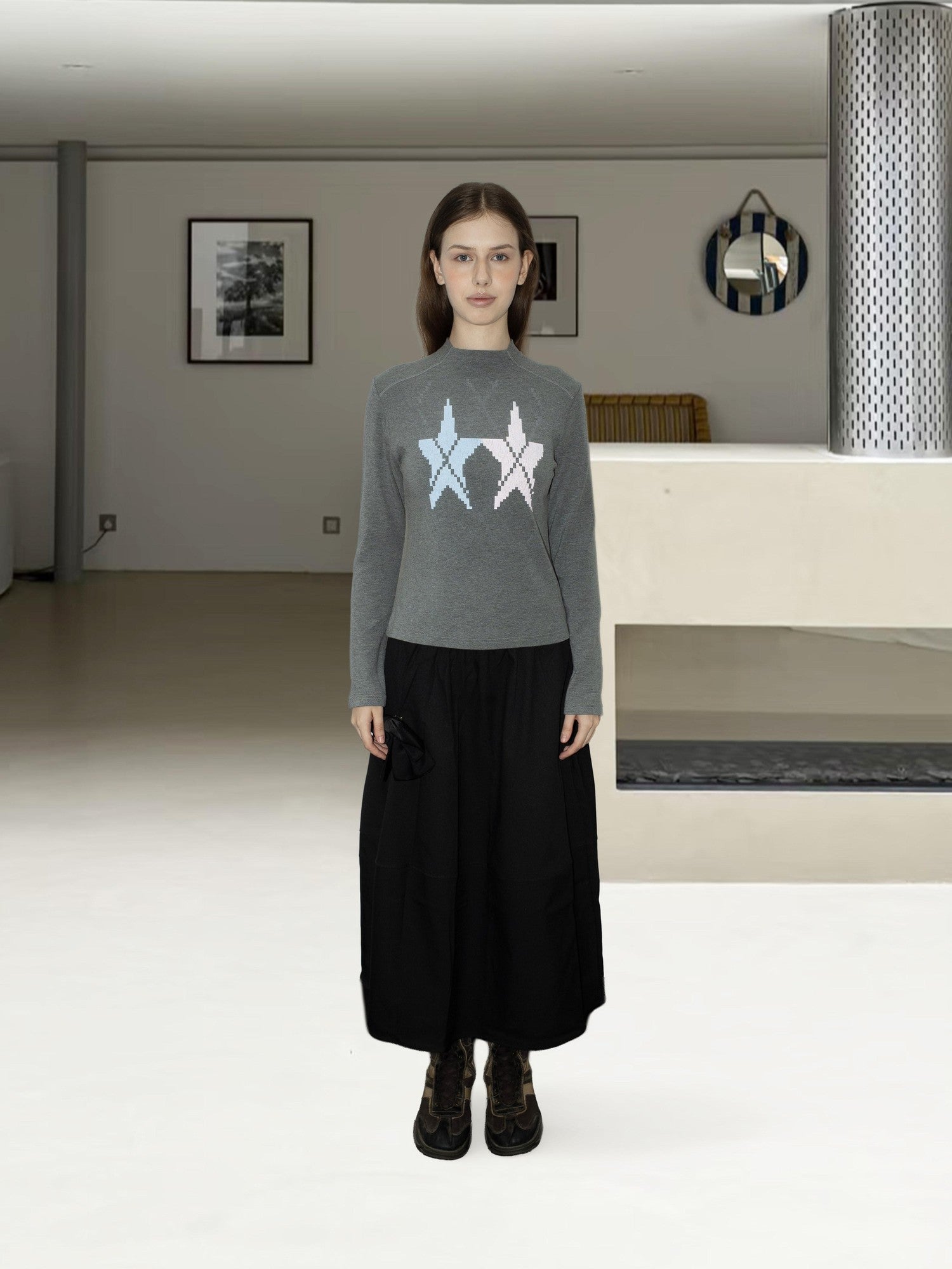takeabreak Gray Star Print Knit Slim Mock Neck Women&