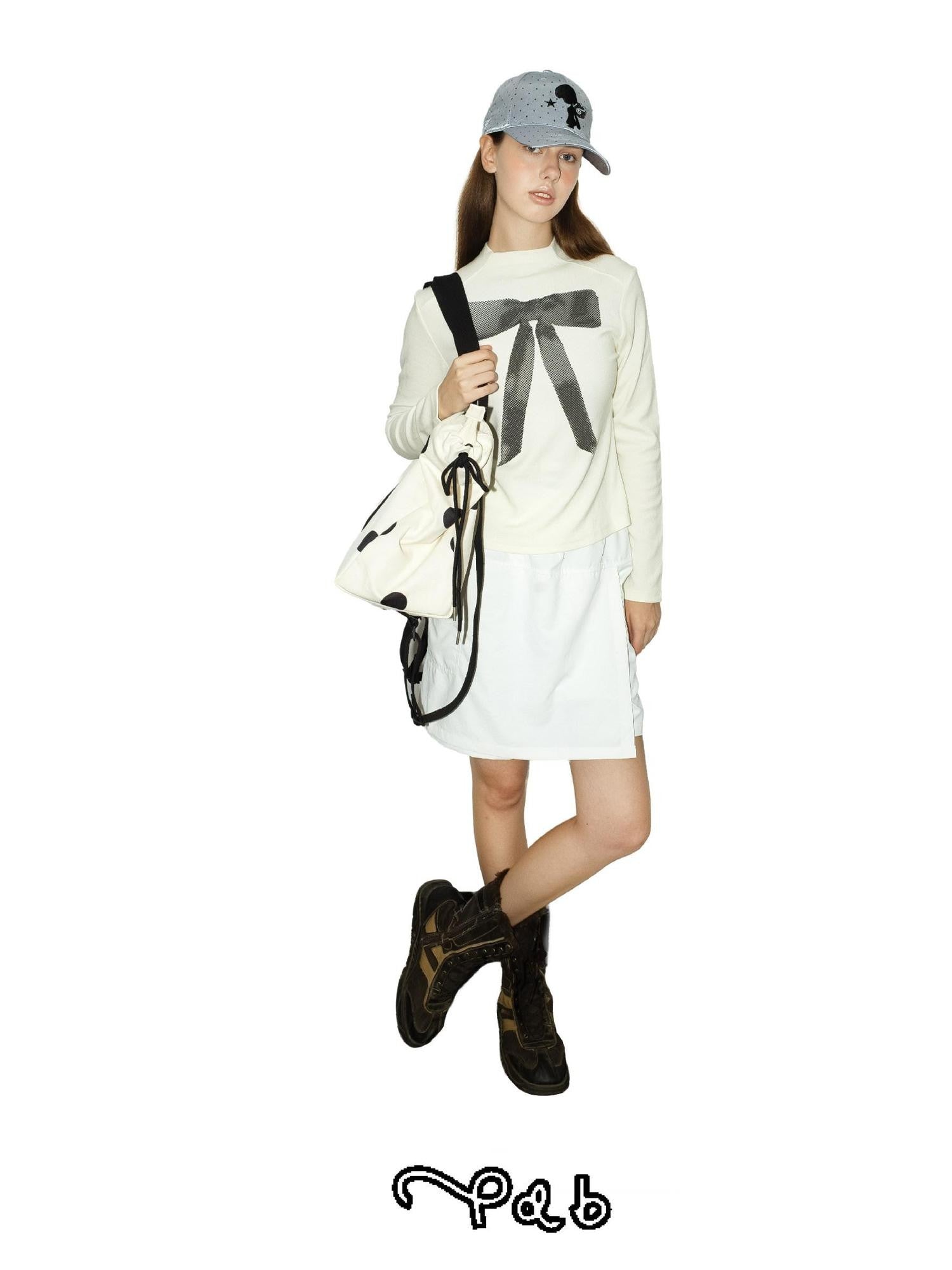 takeabreak Ivory Bow Print Mock Neck Slim Fit Women&