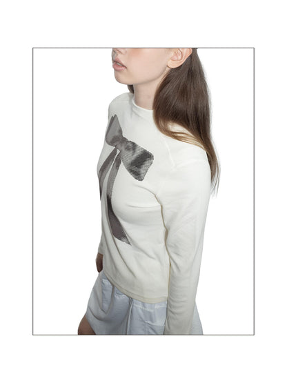 takeabreak Ivory Bow Print Mock Neck Slim Fit Women&