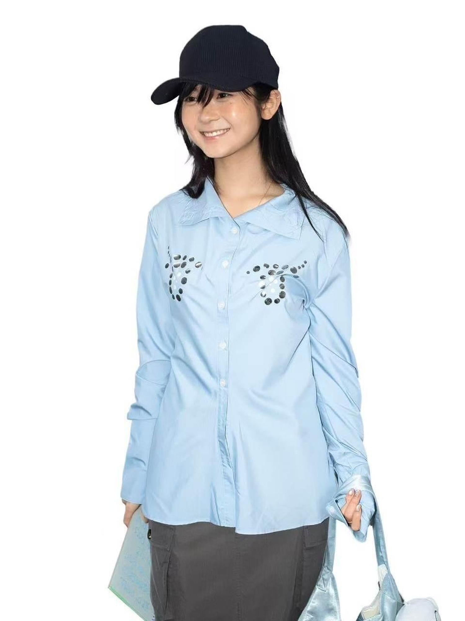 takeabreak Light Blue Comic Eye Rhinestone Slim Fit Women&