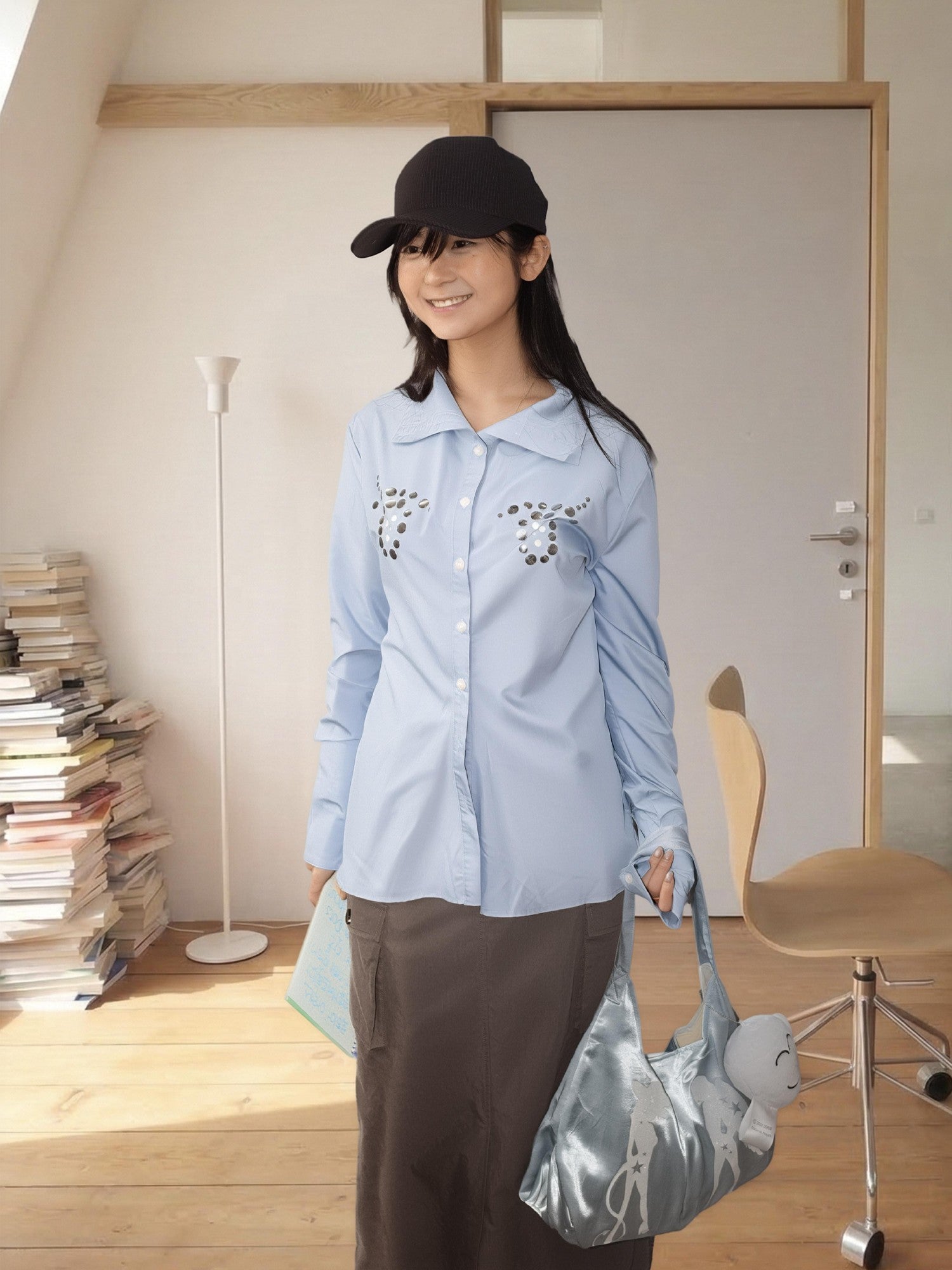 takeabreak Light Blue Comic Eye Rhinestone Slim Fit Women&