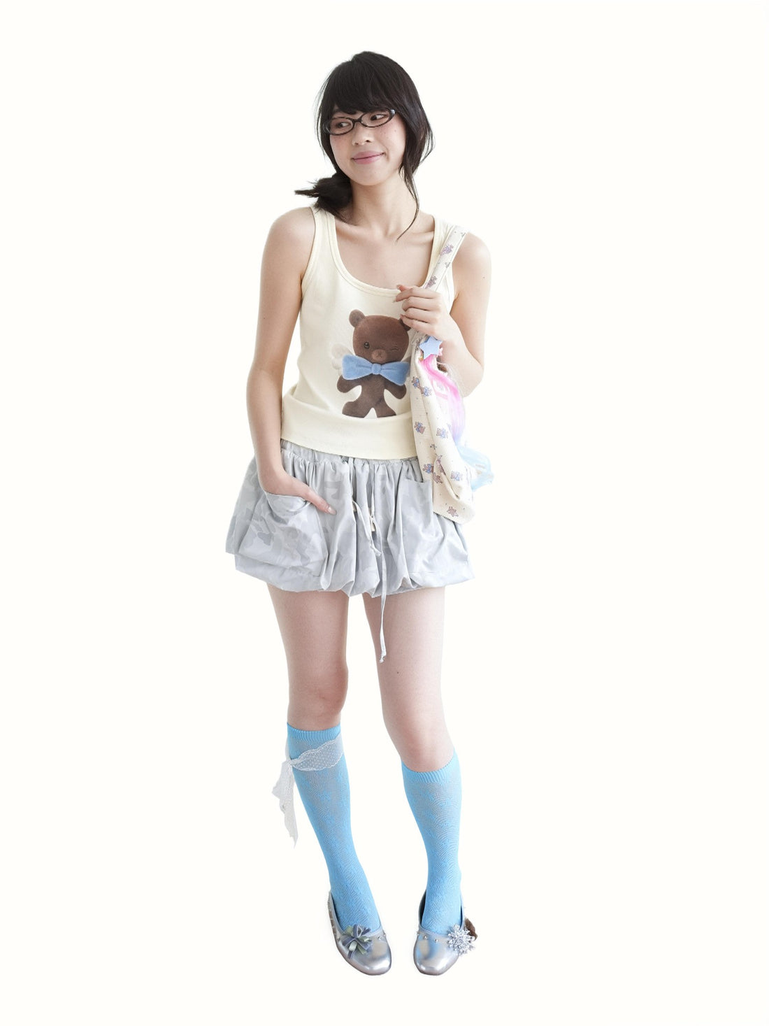 takeabreak Light Goose Yellow Bow Angel Bear Inkjet Print U Neck Women&