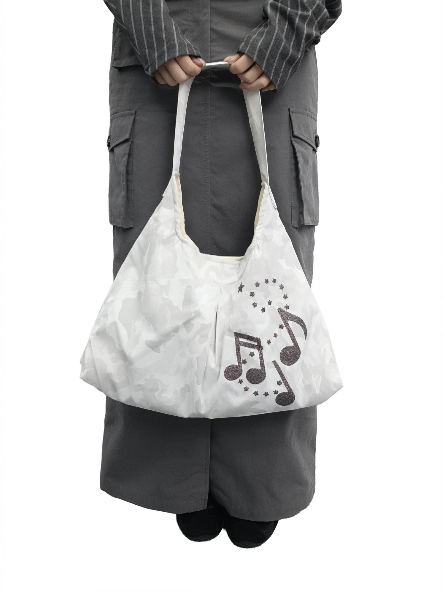 takeabreak Light Gray Camo Print Black Sparkle Musical Note Shoulder Tote Women&