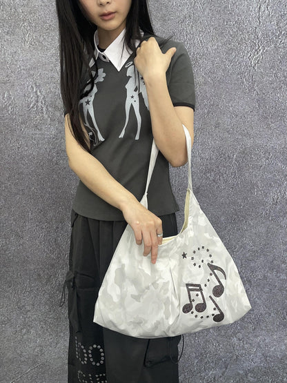 takeabreak Light Gray Camo Print Black Sparkle Musical Note Shoulder Tote Women&