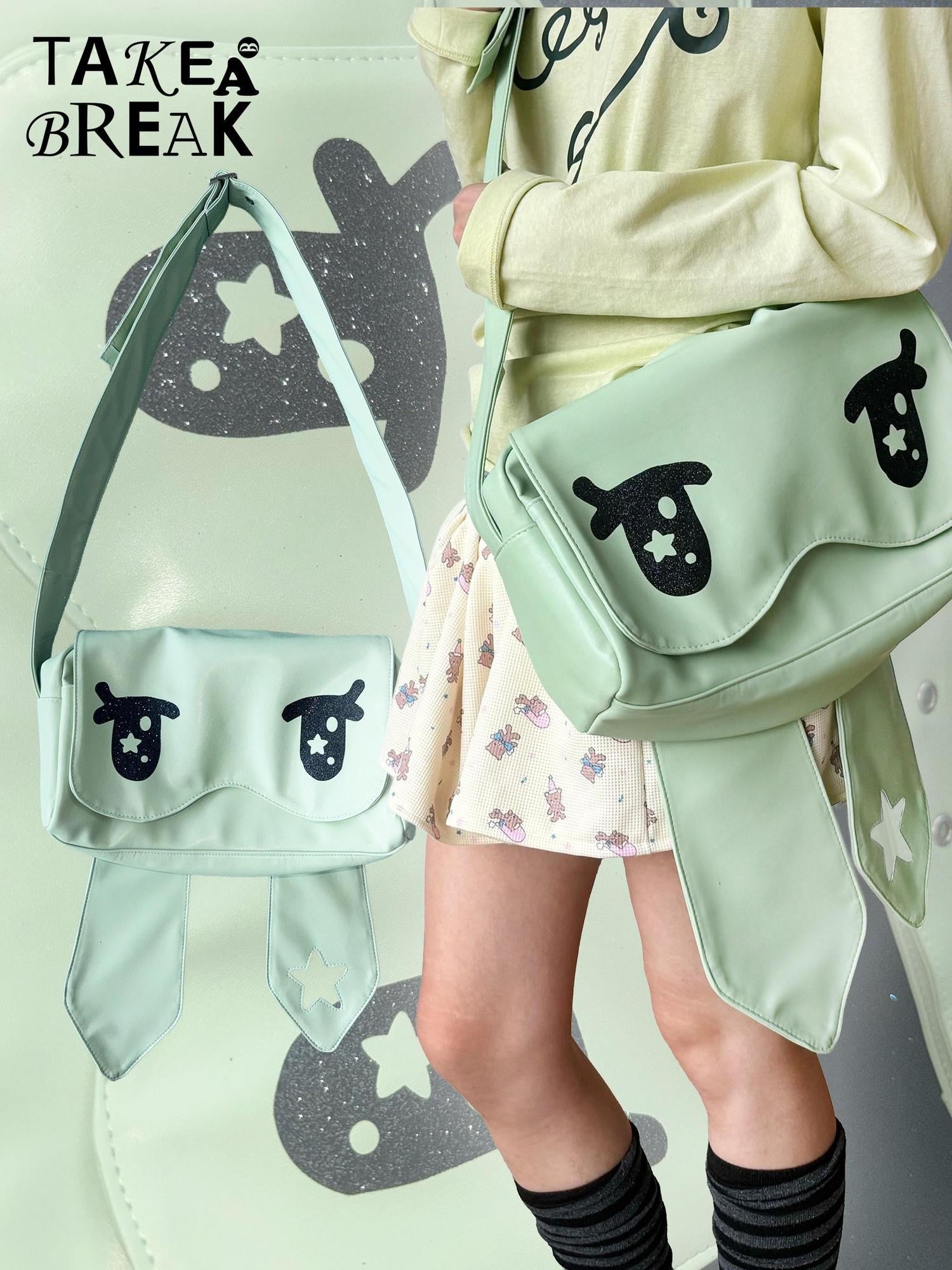 takeabreak Mint Green Glitter Star Cartoon Eye Magnetic Flap Zipper Women&