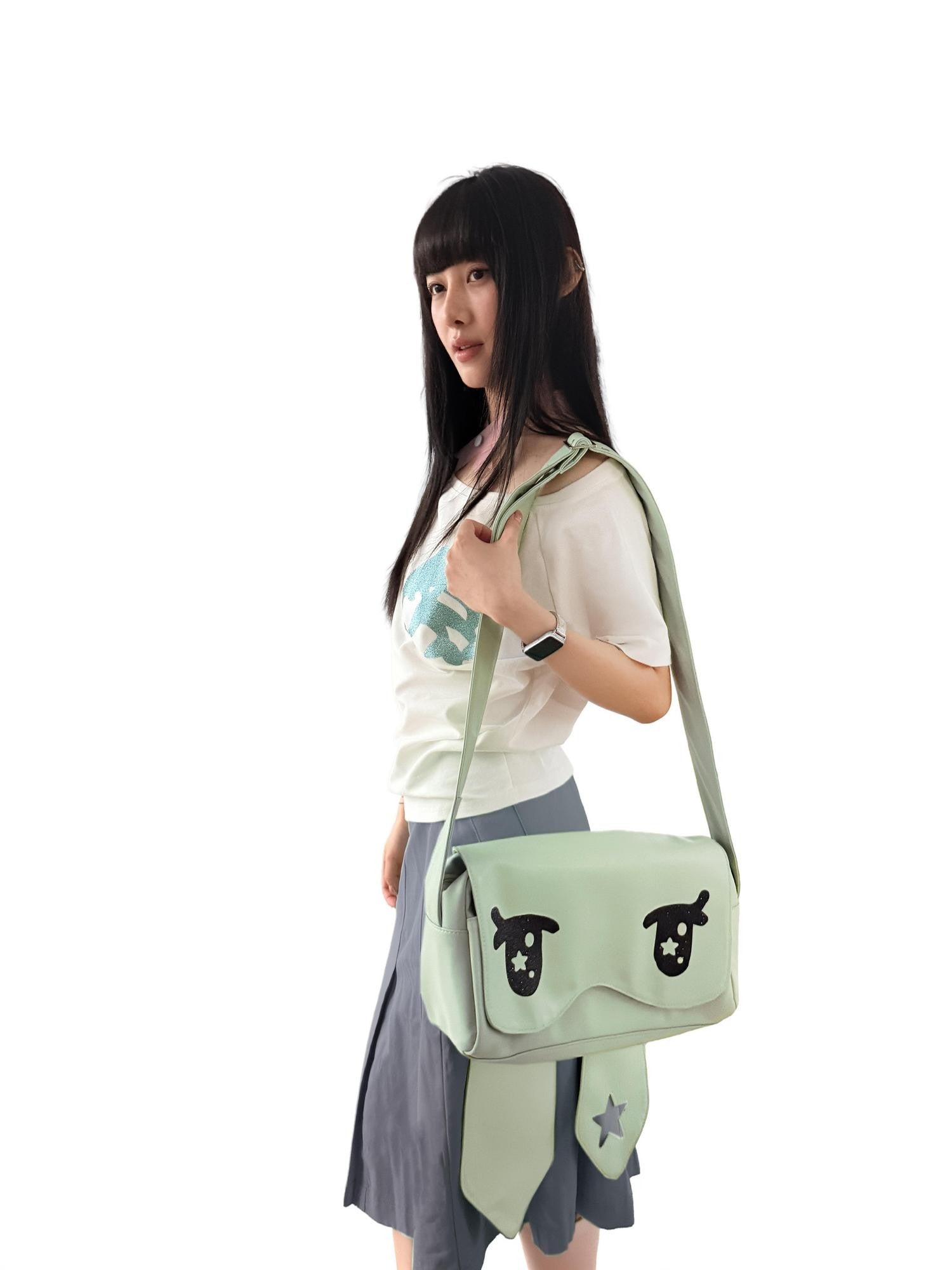 takeabreak Mint Green Glitter Star Cartoon Eye Magnetic Flap Zipper Women&
