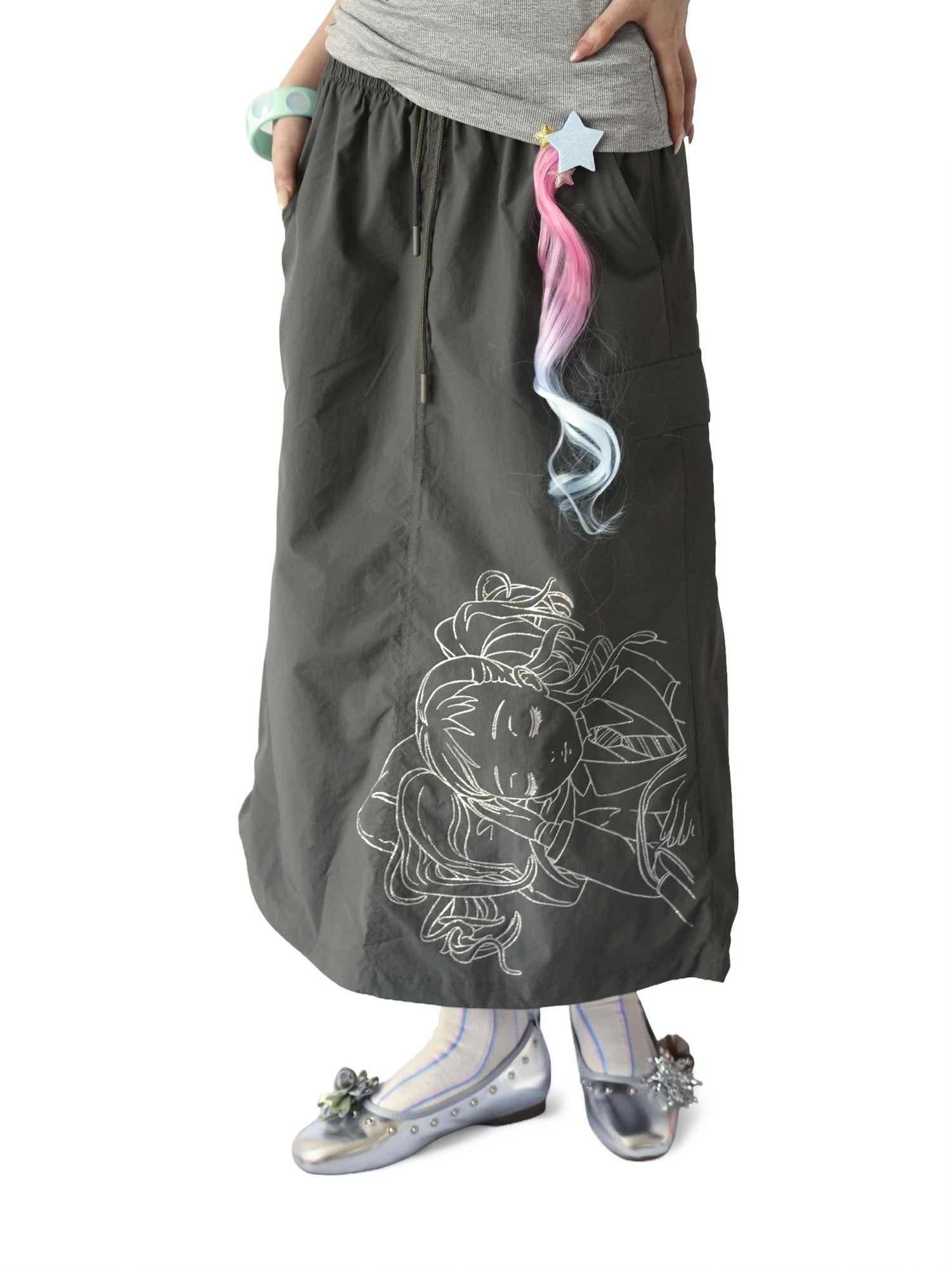 takeabreak Olive Green Comic Line Art Print Drawstring Women&