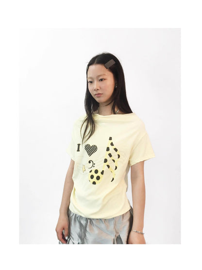 takeabreak Pale Yellow Star Music Note Asymmetric Shoulder Women&