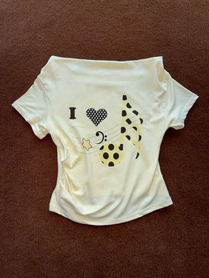 takeabreak Pale Yellow Star Music Note Asymmetric Shoulder Women&