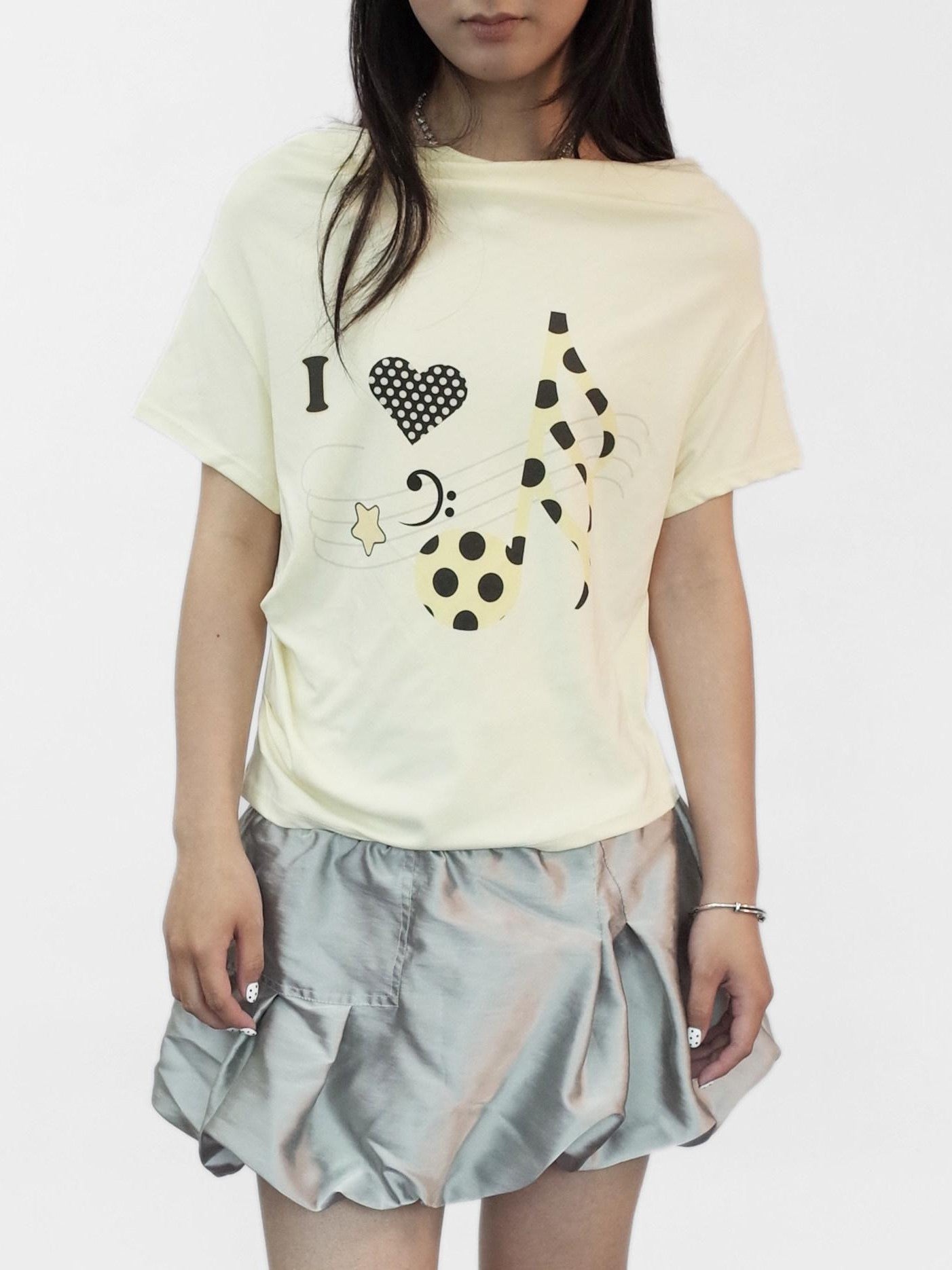 takeabreak Pale Yellow Star Music Note Asymmetric Shoulder Women&