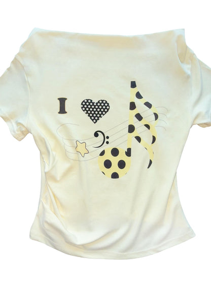 takeabreak Pale Yellow Star Music Note Asymmetric Shoulder Women&