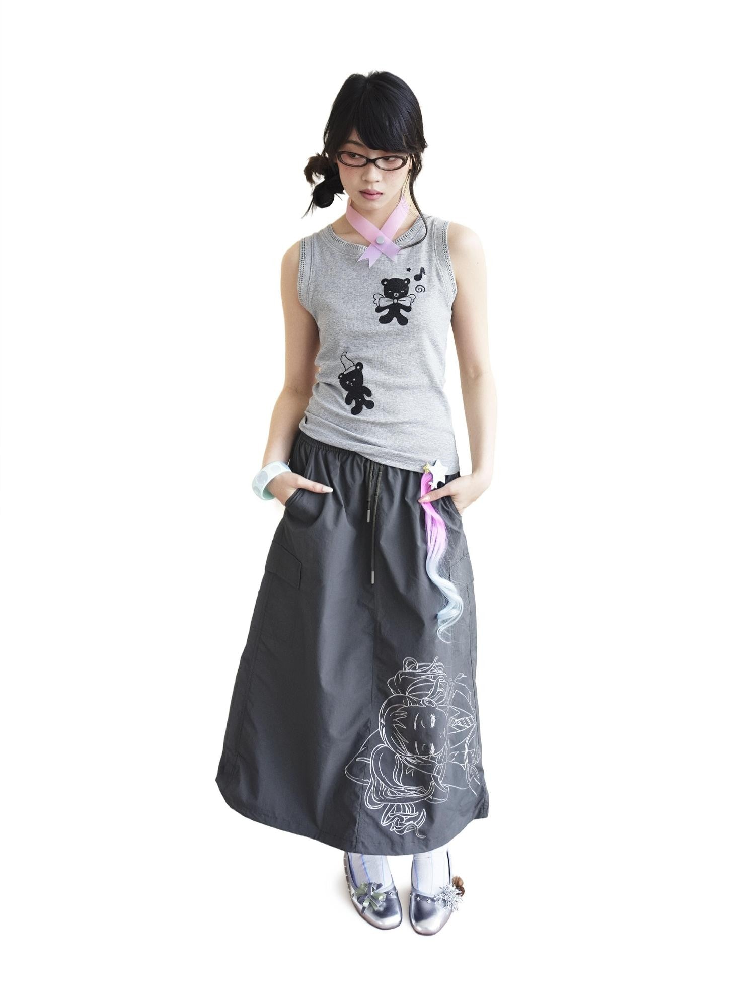 takeabreak Shimmery Two Tone Bear Print Lace Cutout Women&