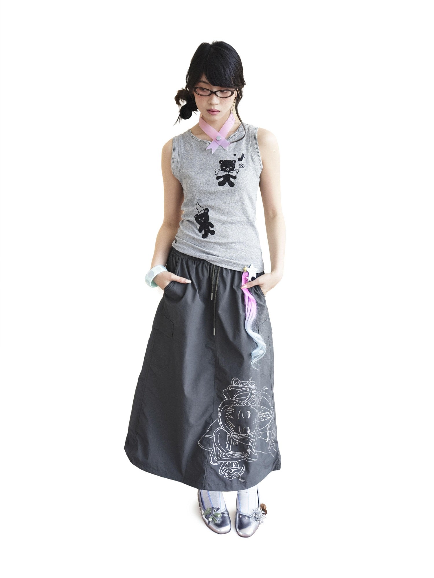 takeabreak Shimmery Two Tone Bear Print Lace Cutout Women&