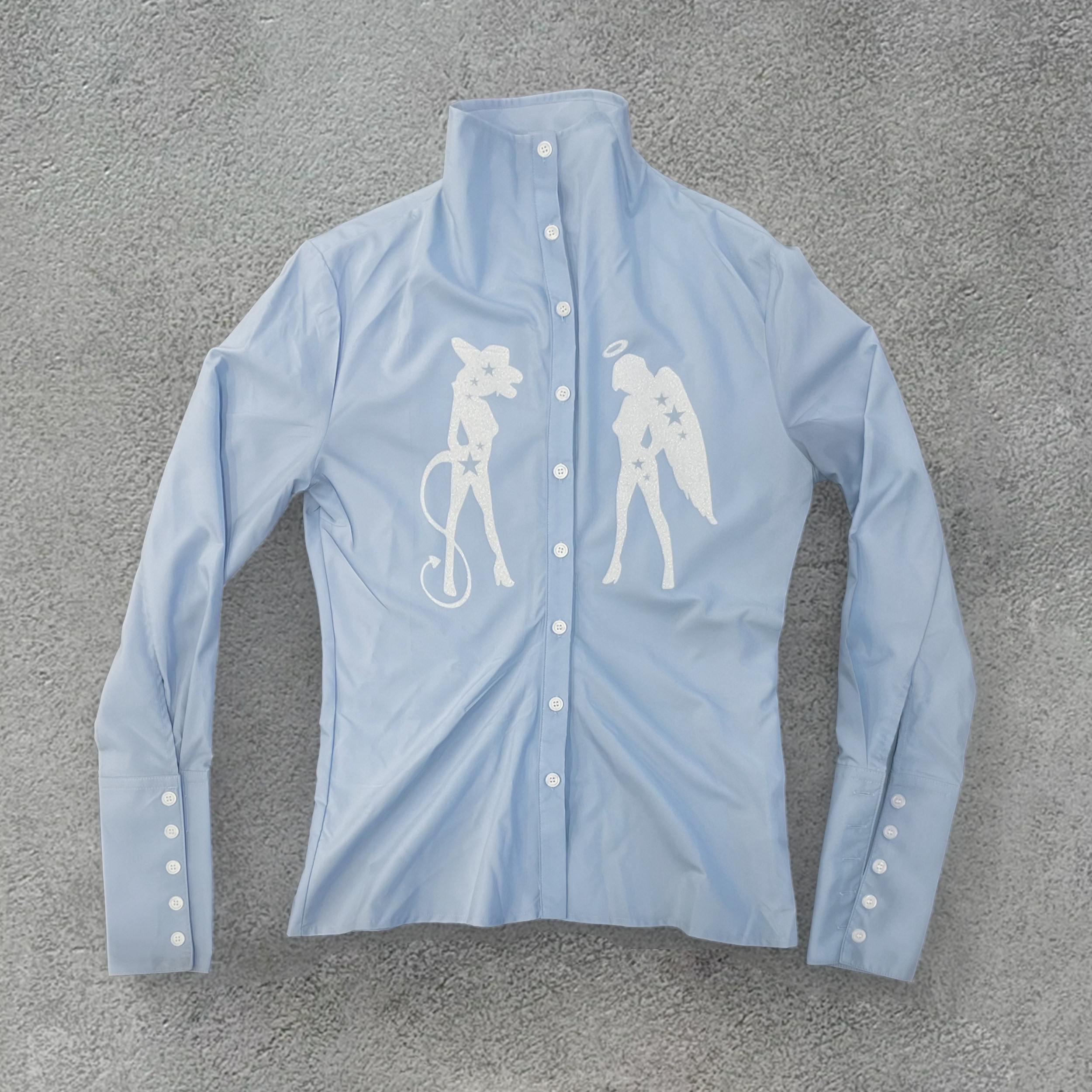 takeabreak_Silver_Baby_Blue_Figure_Print_Cinched_Waist_Stand_Collar_Women&
