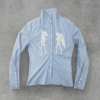 takeabreak_Silver_Baby_Blue_Figure_Print_Cinched_Waist_Stand_Collar_Women&
