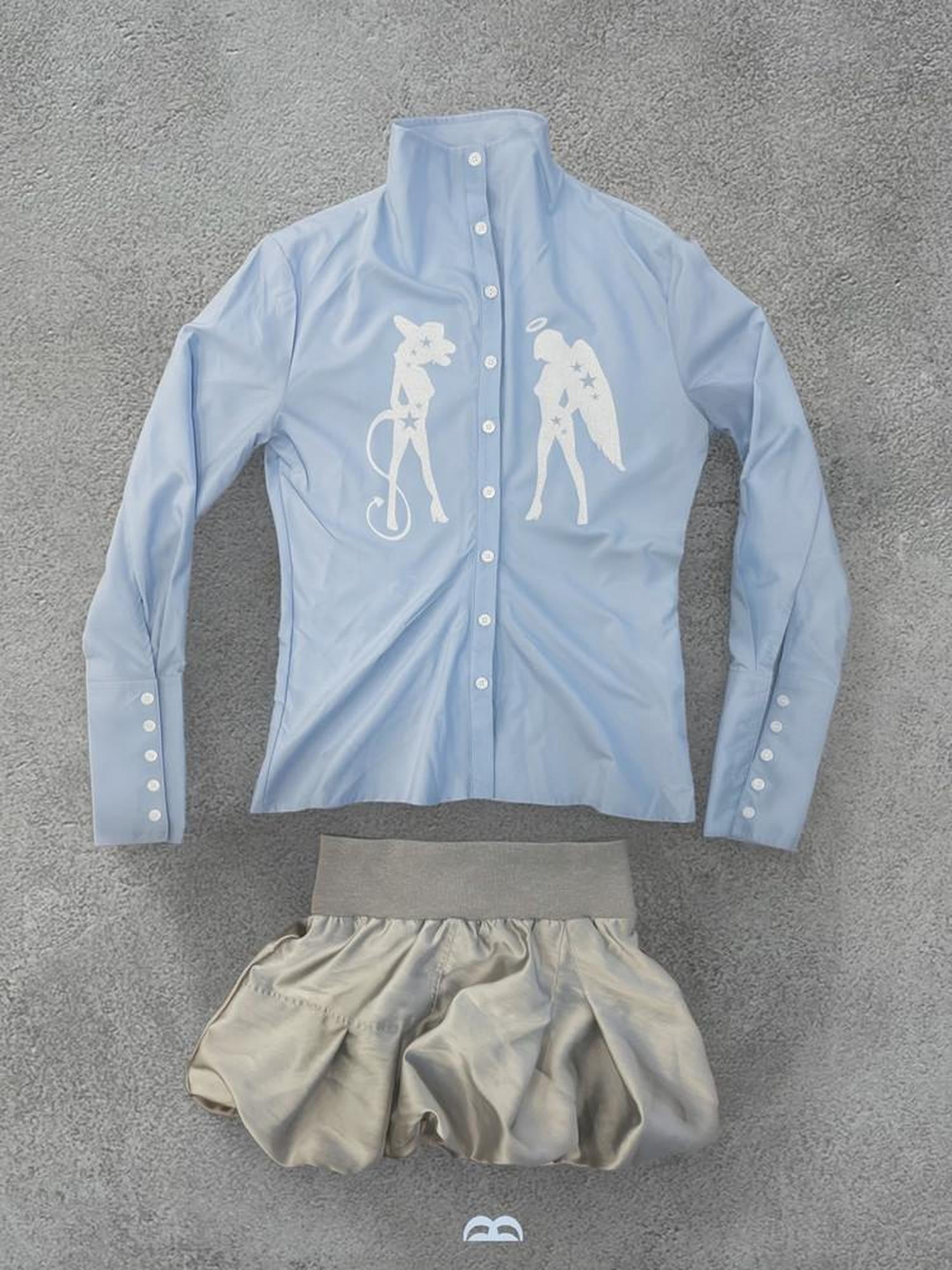 takeabreak Silver Baby Blue Figure Print Cinched Waist Stand Collar Women&