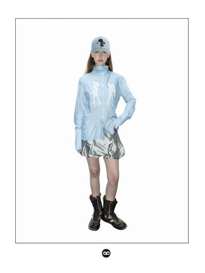 takeabreak Silver Baby Blue Figure Print Cinched Waist Stand Collar Women&