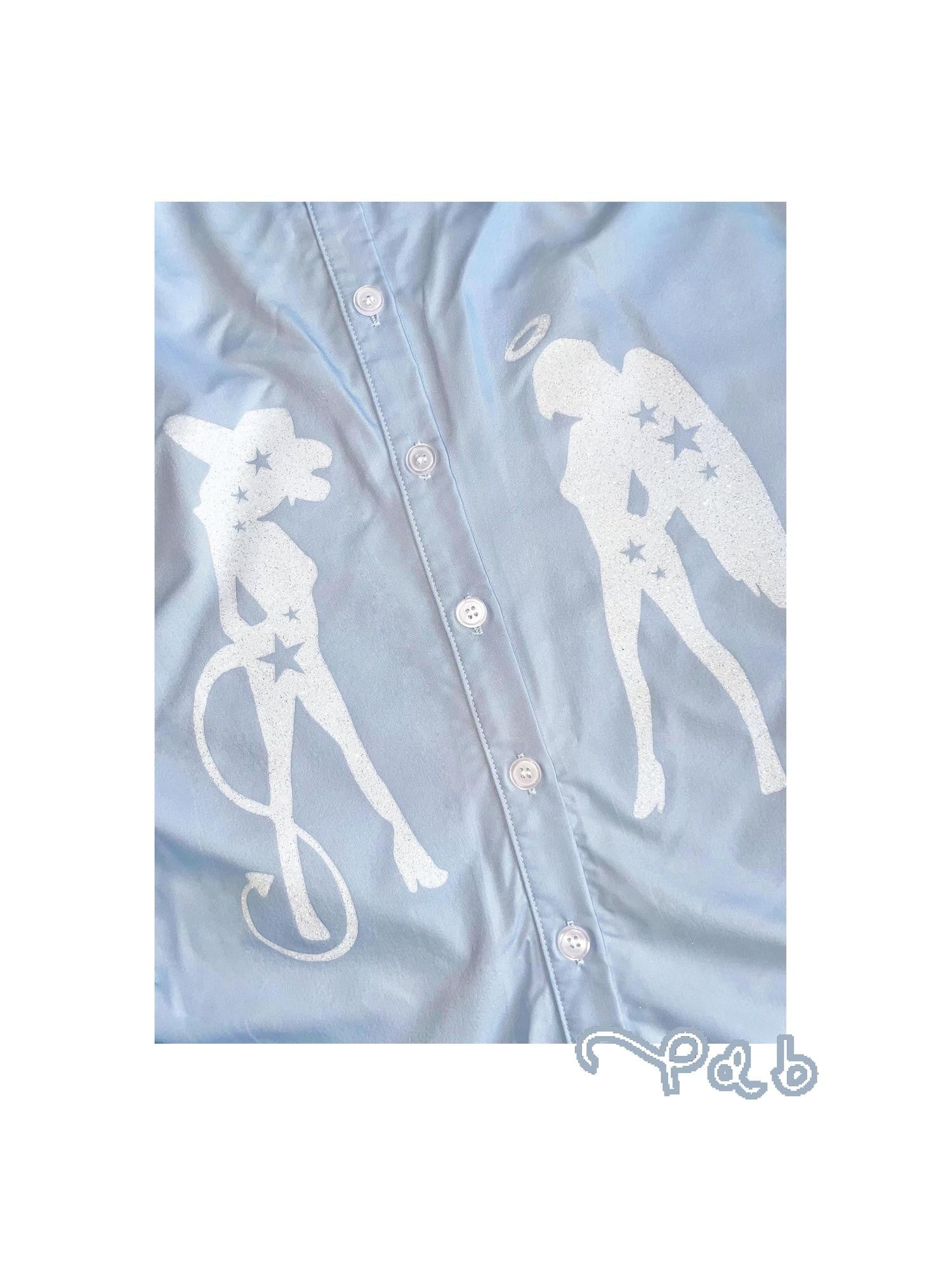 takeabreak Silver Baby Blue Figure Print Cinched Waist Stand Collar Women&