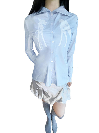 takeabreak Silver Baby Blue Figure Print Cinched Waist Stand Collar Women&