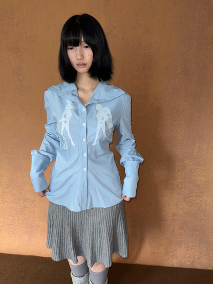 takeabreak Silver Baby Blue Figure Print Cinched Waist Stand Collar Women&