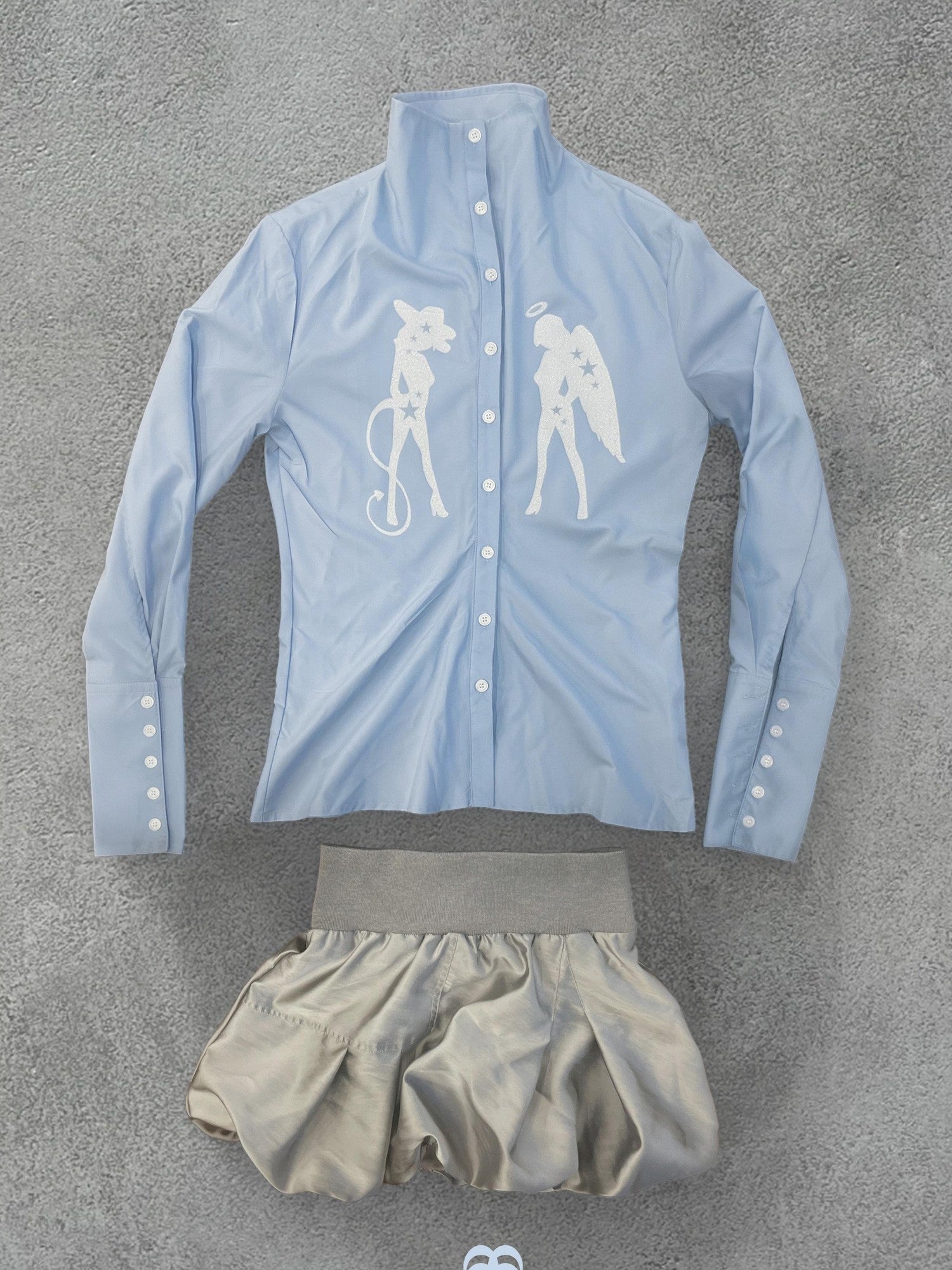 takeabreak Silver Baby Blue Figure Print Cinched Waist Stand Collar Women&
