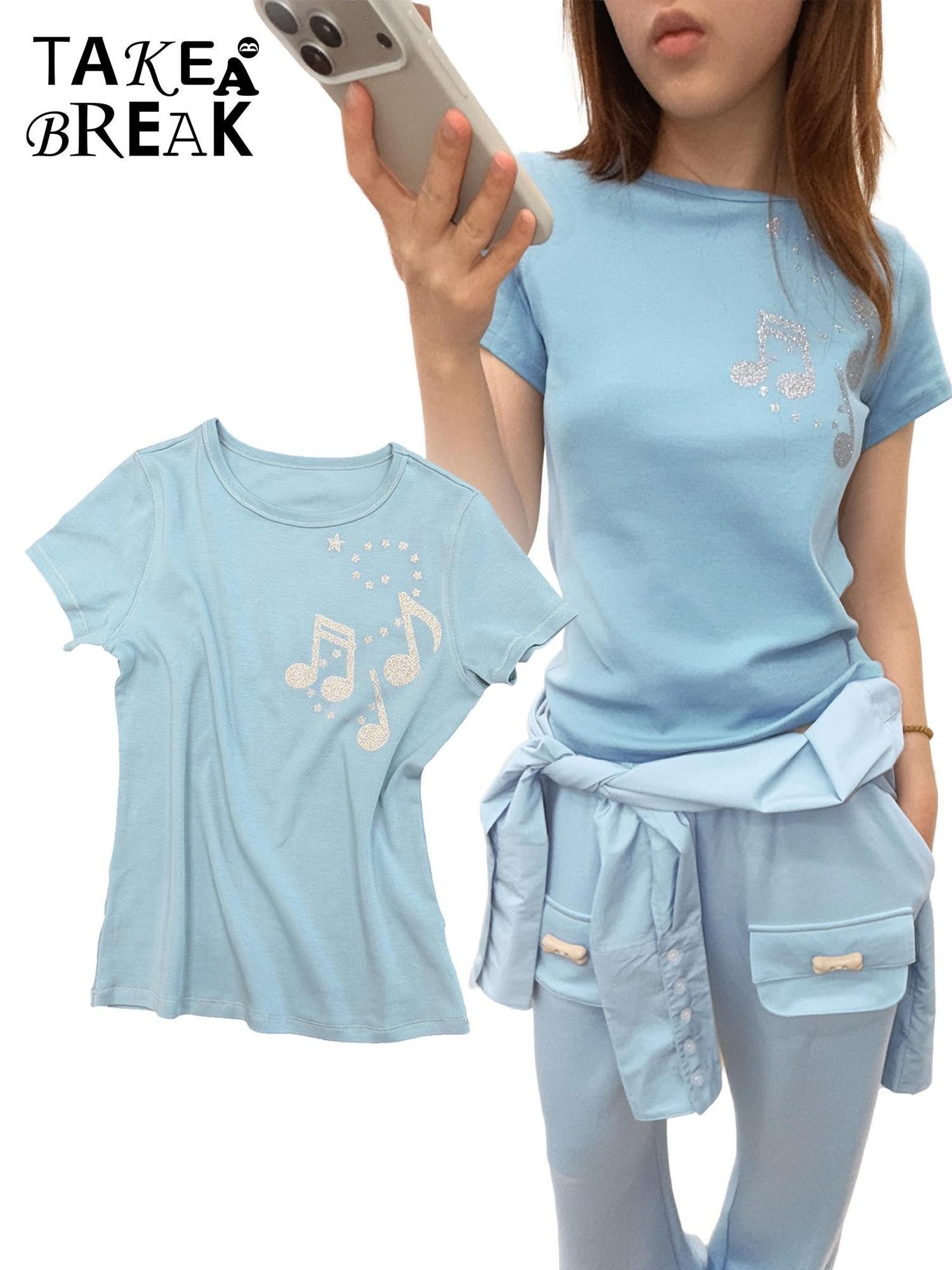 takeabreak Smoky Blue Music Note Star Silver Rhinestone Women&