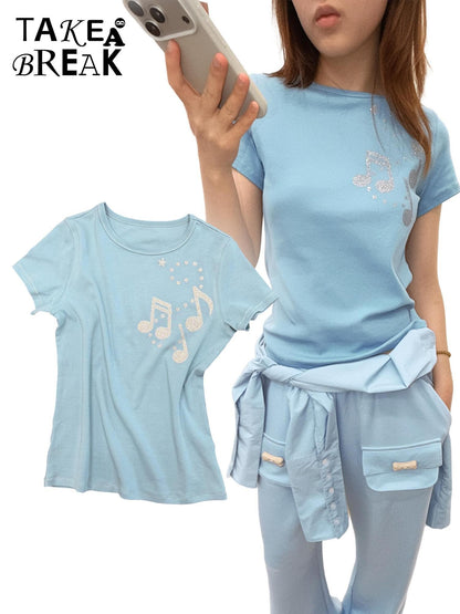 takeabreak Smoky Blue Music Note Star Silver Rhinestone Women&