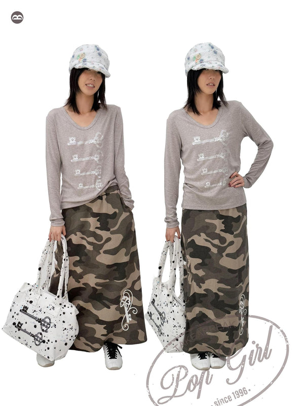 Vintage Key Print V-neck Slim Fit Lyocell Women's Long Sleeve T-shirts
