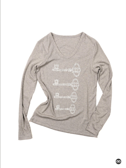 takeabreak Vintage Key Print V-neck Slim Fit Lyocell Women&