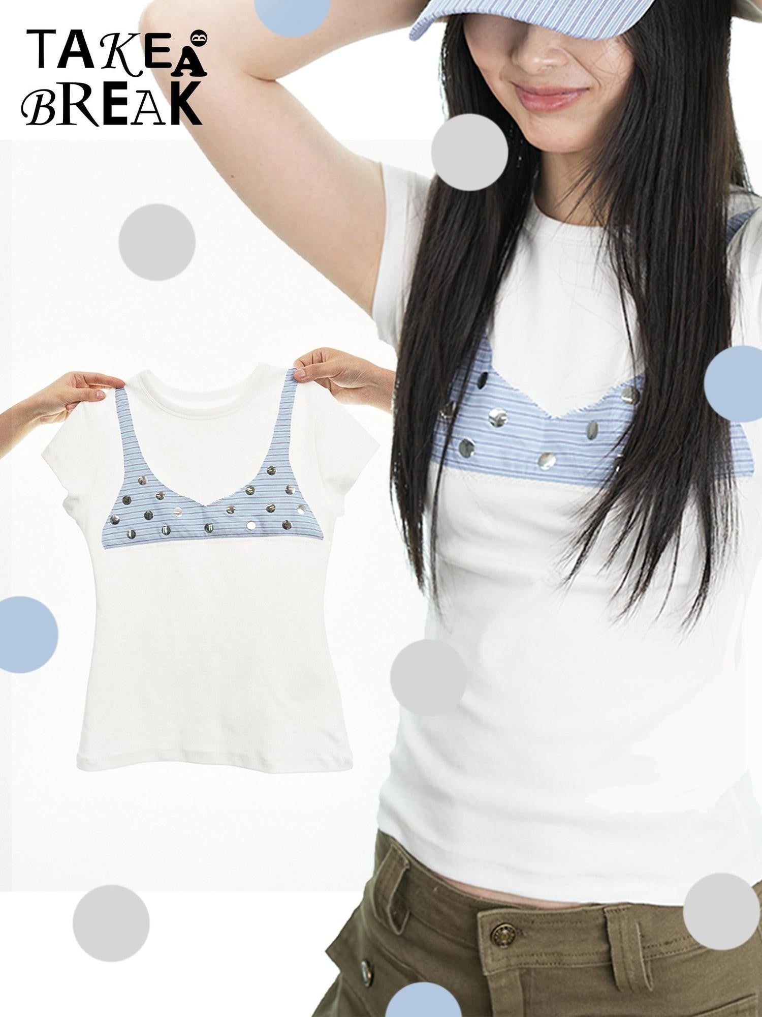takeabreak White Blue Stripe Polka Dot Stretch Women&