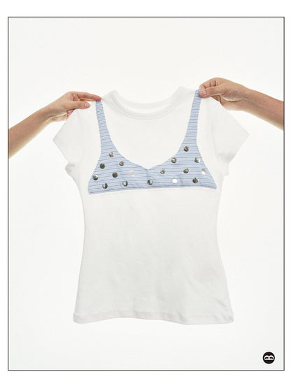 takeabreak White Blue Stripe Polka Dot Stretch Women&