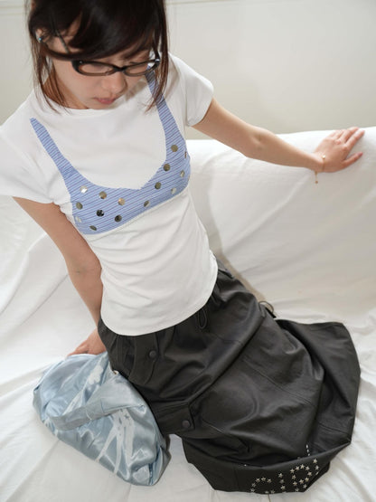 takeabreak White Blue Stripe Polka Dot Stretch Women&