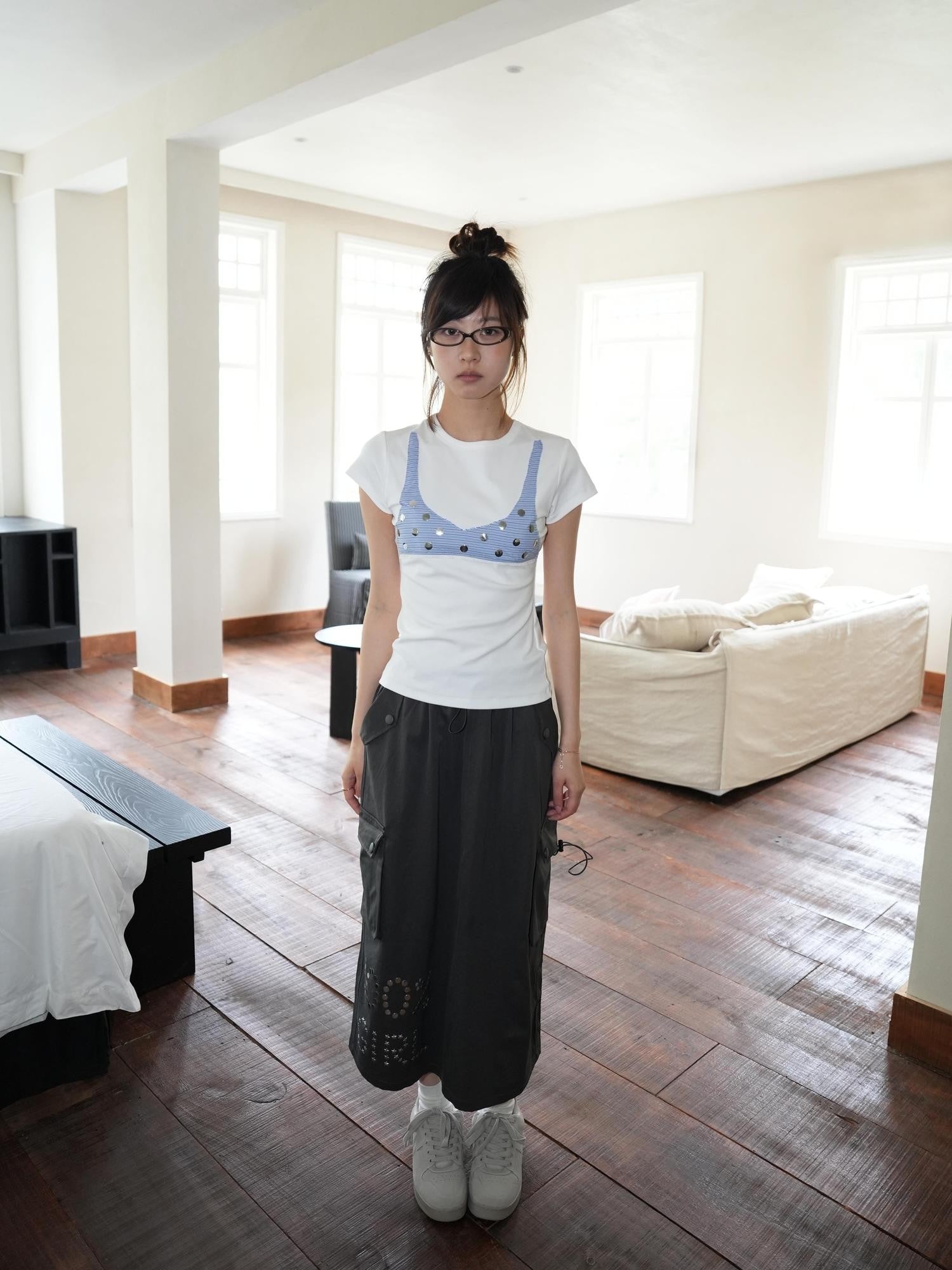 takeabreak White Blue Stripe Polka Dot Stretch Women&