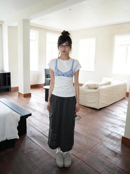 takeabreak White Blue Stripe Polka Dot Stretch Women&