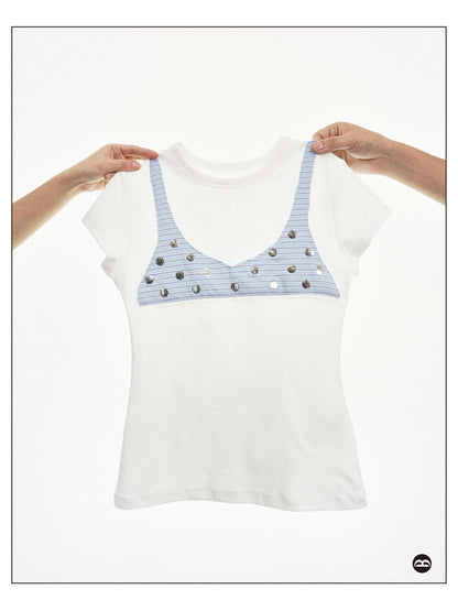 takeabreak White Blue Stripe Polka Dot Stretch Women&
