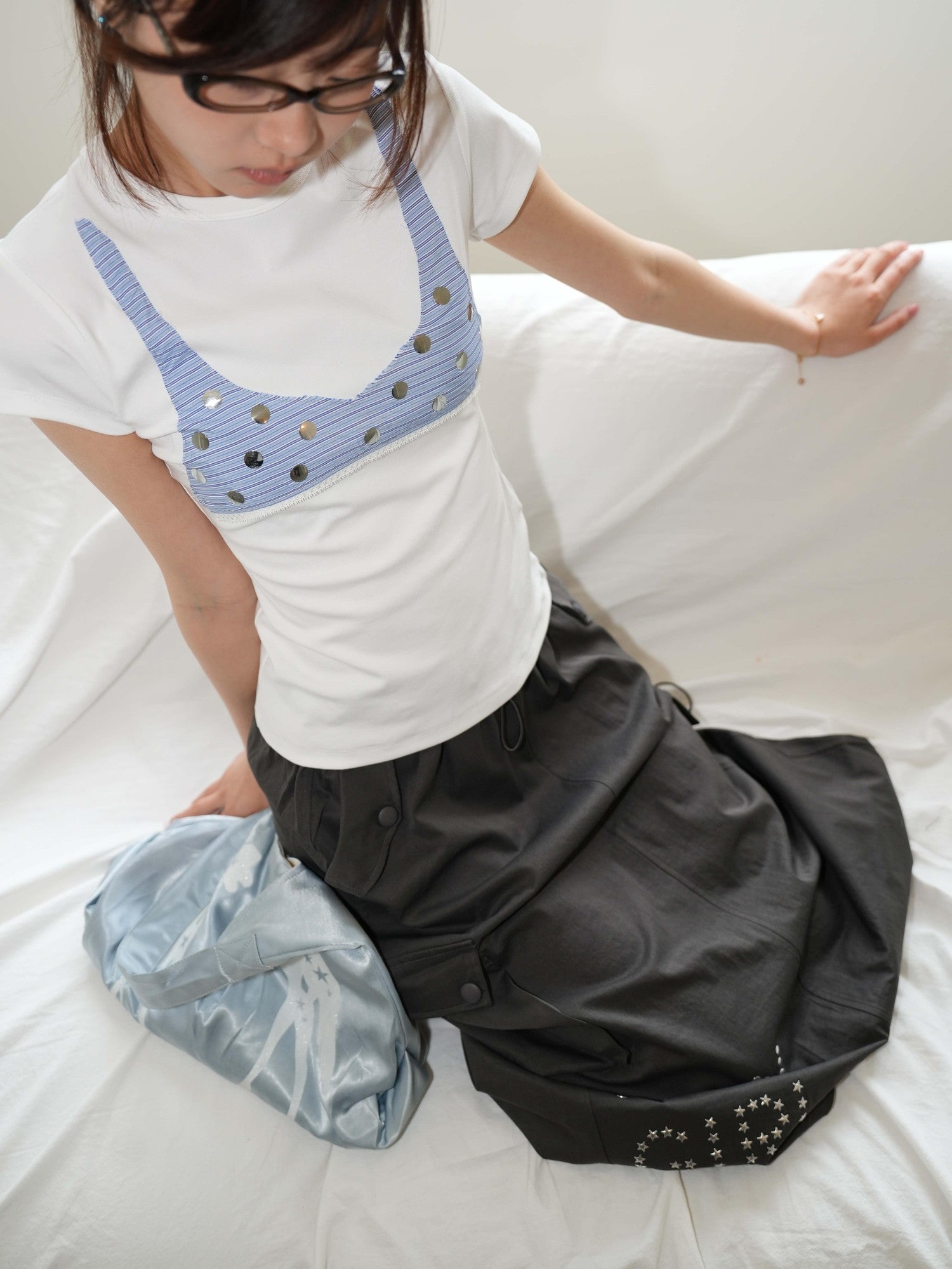 takeabreak White Blue Stripe Polka Dot Stretch Women&