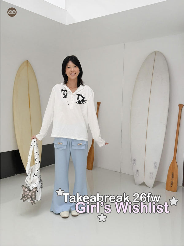 White Brushed Half Button Hooded Anime Print Women's Cotton Long Sleeve T-shirts
