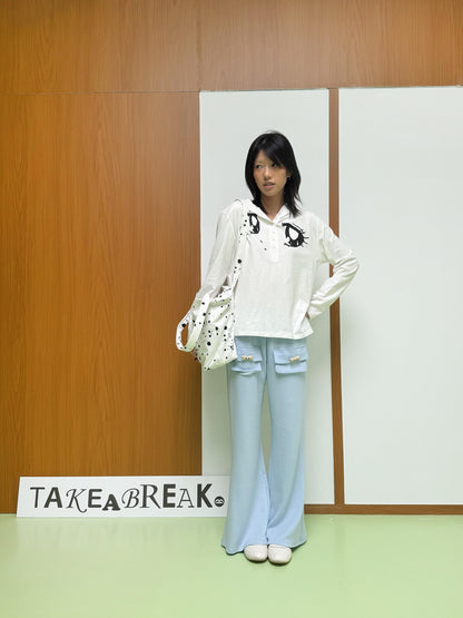 takeabreak White Brushed Half Button Hooded Anime Print Women&