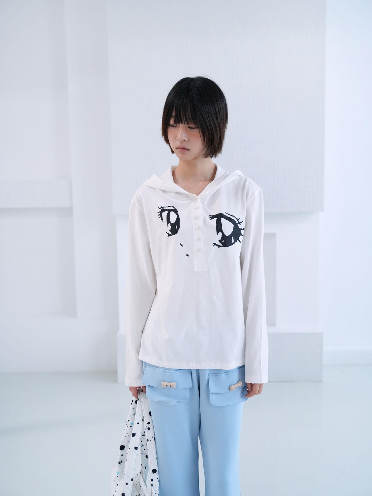 takeabreak White Brushed Half Button Hooded Anime Print Women&