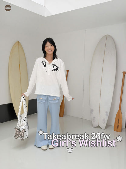 takeabreak White Brushed Half Button Hooded Anime Print Women&
